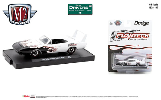 White 1969 Dodge Charger Daytona diecast model car with flame decals, Charger Daytona Hemi