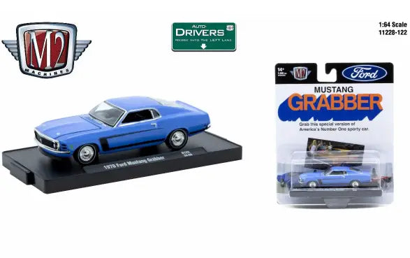 Blue 1970 Ford Mustang Grabber diecast car from M2 Machines Auto-Drivers collection