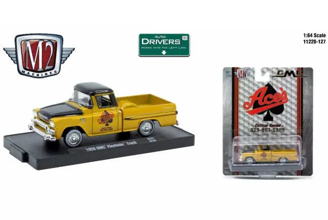 Yellow and black GMC Fleetside truck die-cast model in blister packaging with spade symbol