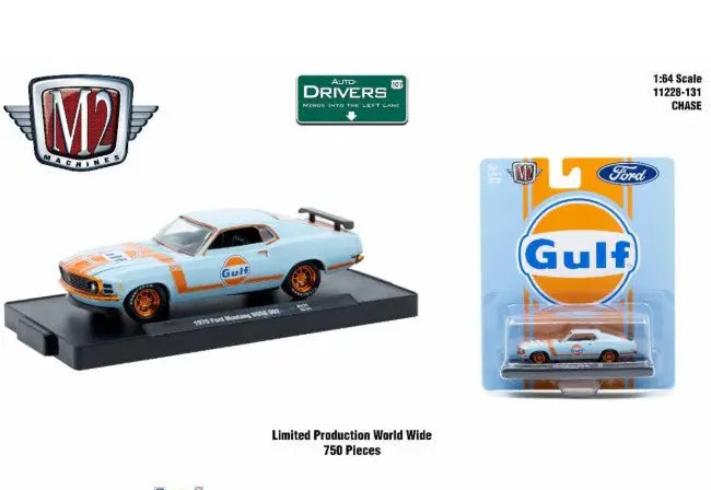 Light blue and orange Gulf-liveried Ford Mustang Boss 429 die-cast model car