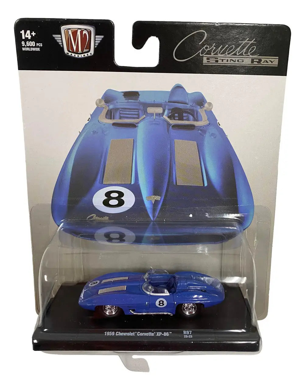 Blue die-cast 1958 Chevrolet Corvette model from M2 Machines Auto in 1:64 scale