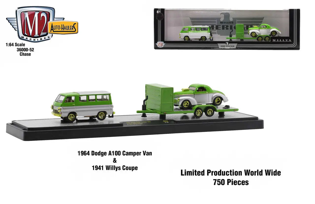 Green 1964 Dodge A100 camper van towing matching 1941 Willys Coupe on trailer, M2 Machines auto hauler