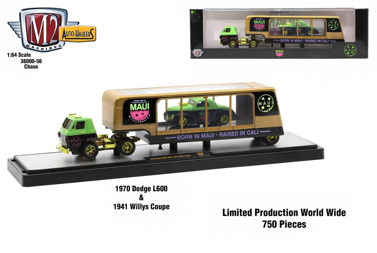 1970 Dodge L600 COE truck with custom Willys Coupe trailer in lime green and tan colors