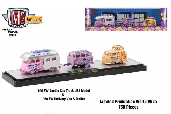 Set of three vintage Volkswagen models on display, featuring Machines Auto Hauler and Delivery Van Chase