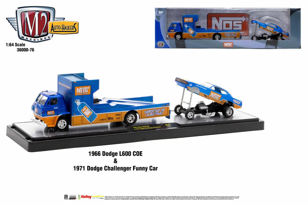 Blue NOS-branded Machines Auto Hauler featuring 1966 Dodge L600 COE and Challenger Funny Car