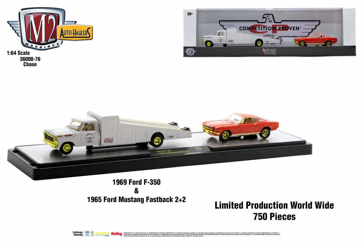 1969 Ford F-350 ramp truck with 1965 Ford Mustang Fastback 2+2 from M2 Machines Auto Hauler