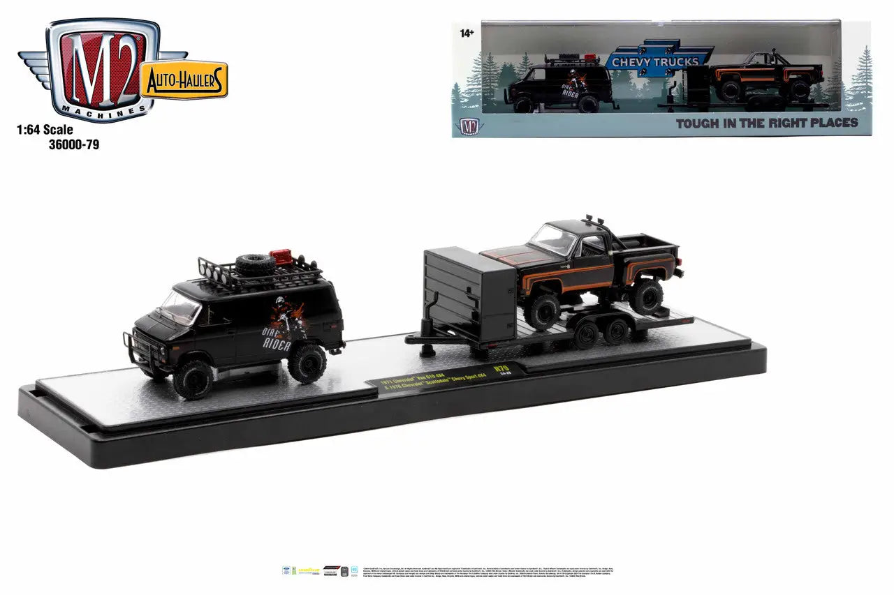 Black M2 Machines Auto-Hauler 1:64 scale with Chevrolet Van G10 4x4 towing trailer