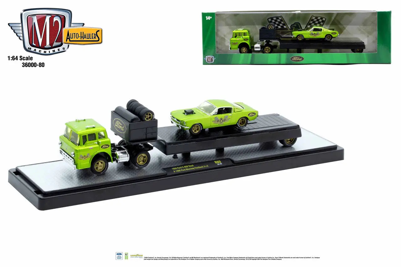 Lime Green Truck Hauling a Muscle Car in M2 Machines Auto Hauler Ford Mustang Fastback