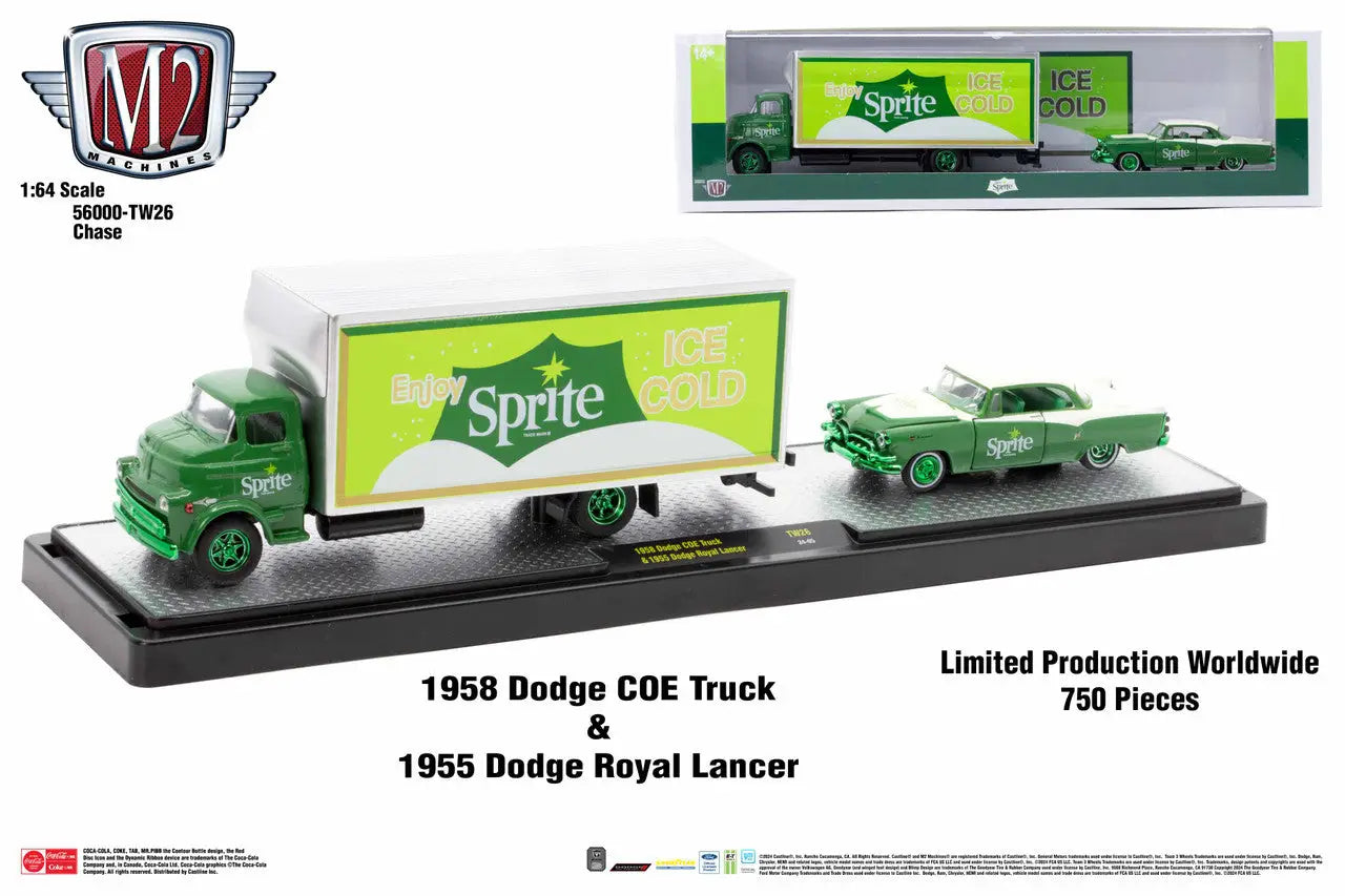Green 1958 Dodge COE Truck with Sprite branding and 1959 Dodge Royal Lancer on display