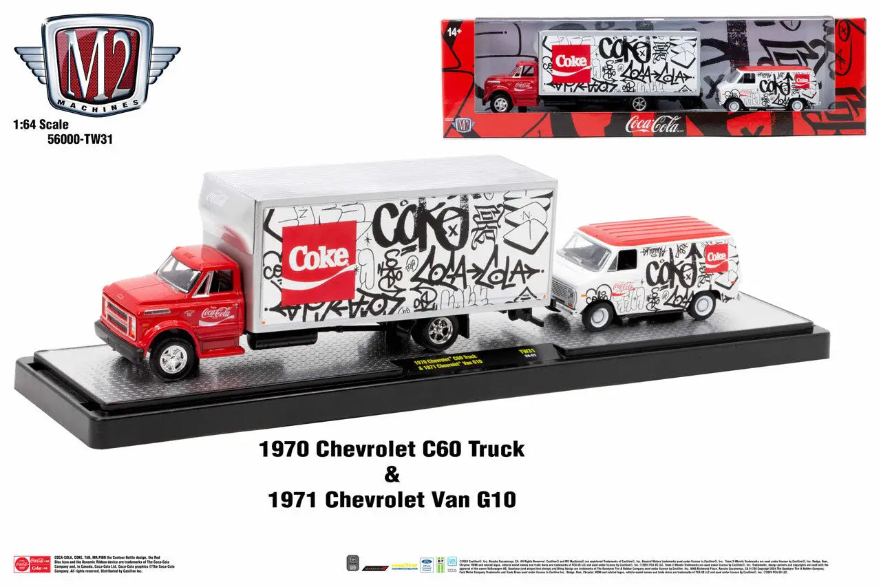 Two Coca-Cola delivery vehicles featuring graffiti art, M2 Machines Auto Hauler TW31