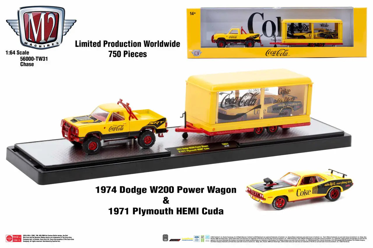 Diecast model set of M2 Machines Auto Hauler TW31 Dodge W200 Power Wagon towing HEMI Cuda