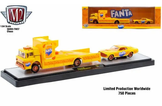 Yellow Fanta-themed toy truck and car set with Ford Mustang Custom auto hauler TW37