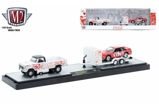 Die-cast machine auto hauler with Ford F100 Ranger and 1969 Ford Mustang set
