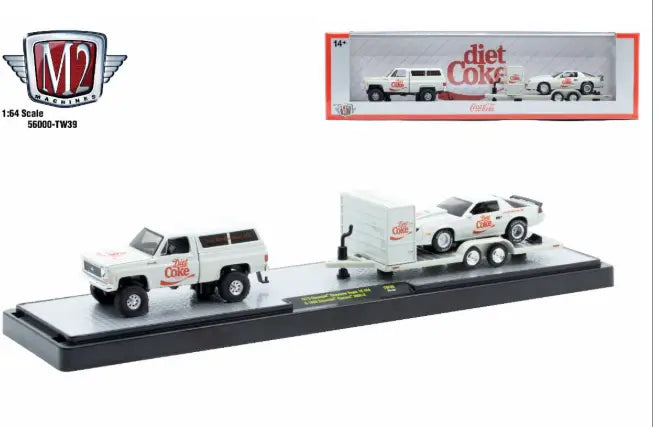 White Diet Coke-themed machines auto hauler with Chevrolet Cheyenne Super and race car set