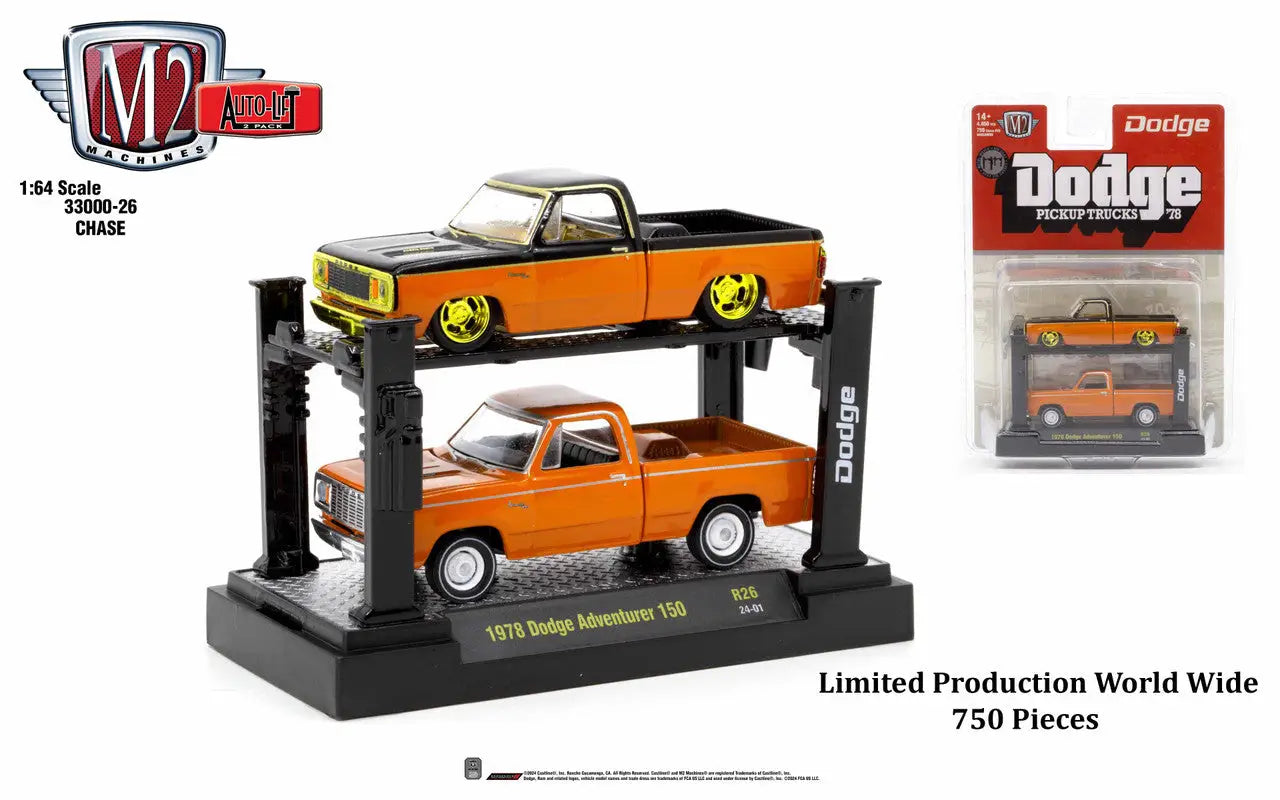 Pair of orange Dodge Adventurer trucks on an auto lift, showcasing customization and stock