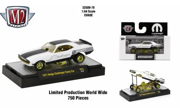 Die-cast model of a 1971 Dodge Challenger Funny Car in white with black stripes