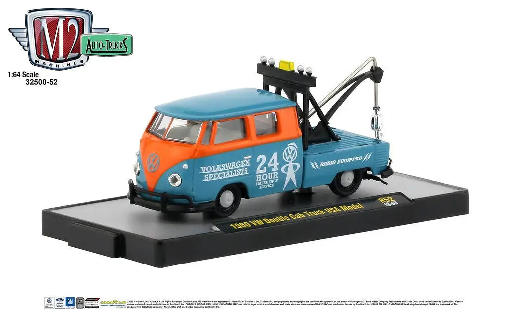 Vintage Volkswagen double cab truck model in blue and orange from M2 Machines Auto Trucks