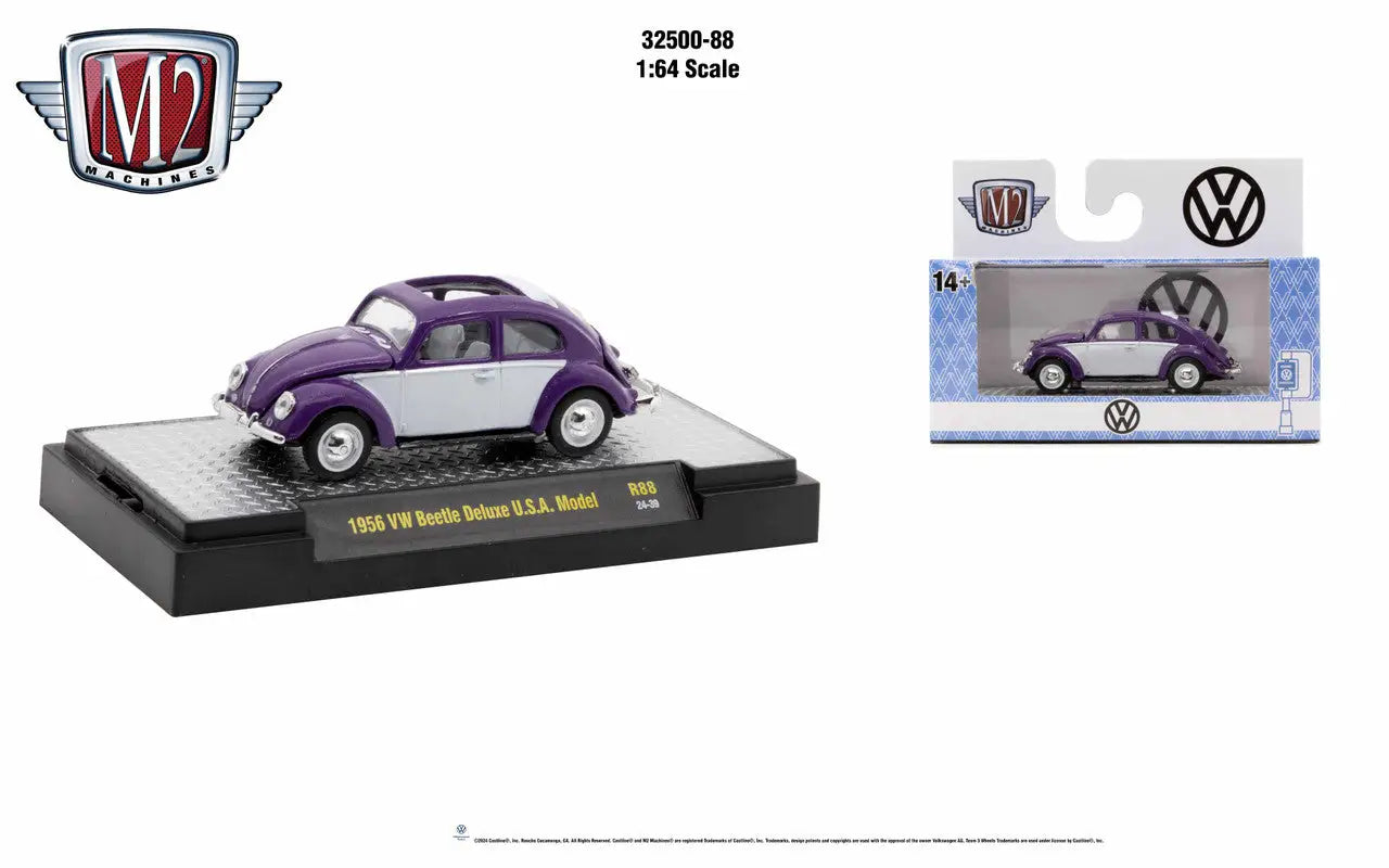 Purple and white 1956 Volkswagen Beetle Deluxe USA die-cast model by M2 Machines Auto Trucks