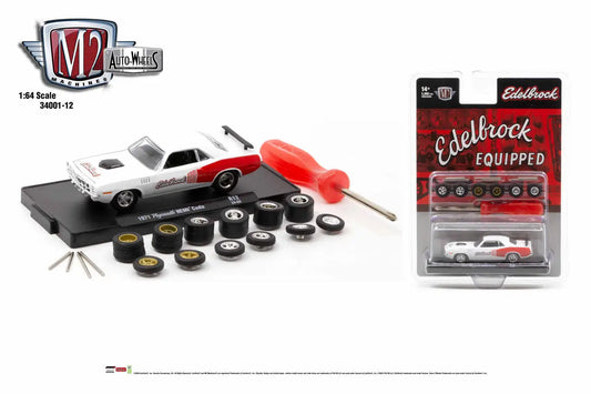 White and red classic Plymouth Hemi Cuda model with interchangeable wheels and screwdriver
