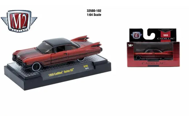 Red and black 1959 Cadillac Series 62 die-cast model by M2 Machines AutoThentics Rel