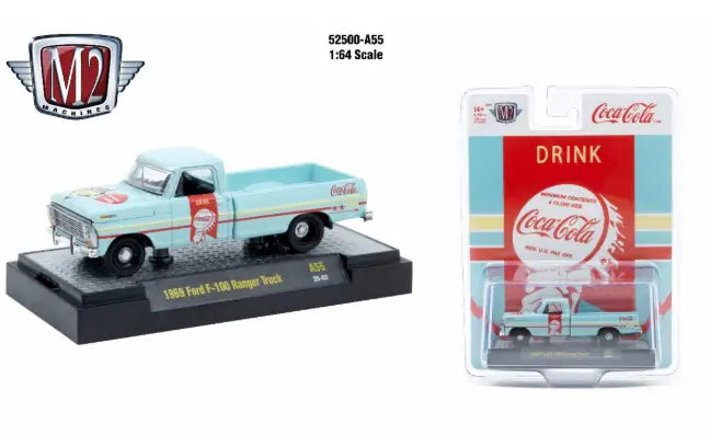 Light blue 1968 Ford F-100 Ranger truck die-cast model with Coca-Cola branding, release A55