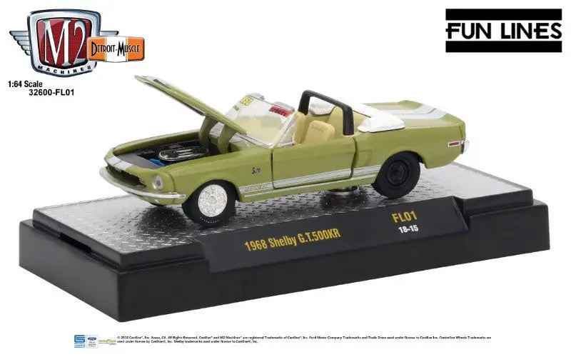 Die-cast model of a green 1968 Shelby GT500KR convertible from M2 Machines Fun Lines