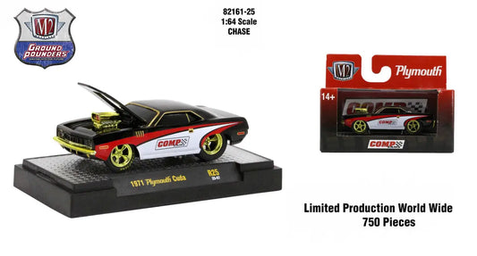 1971 Plymouth Cuda die-cast model car in black and red with gold wheels, M2 Machines Ground Pounder