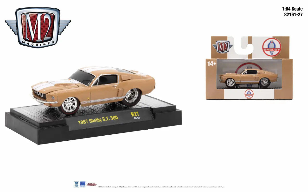 Gold-colored 1967 Shelby GT-500 on display stand from M2 Machines Ground Pounder R27