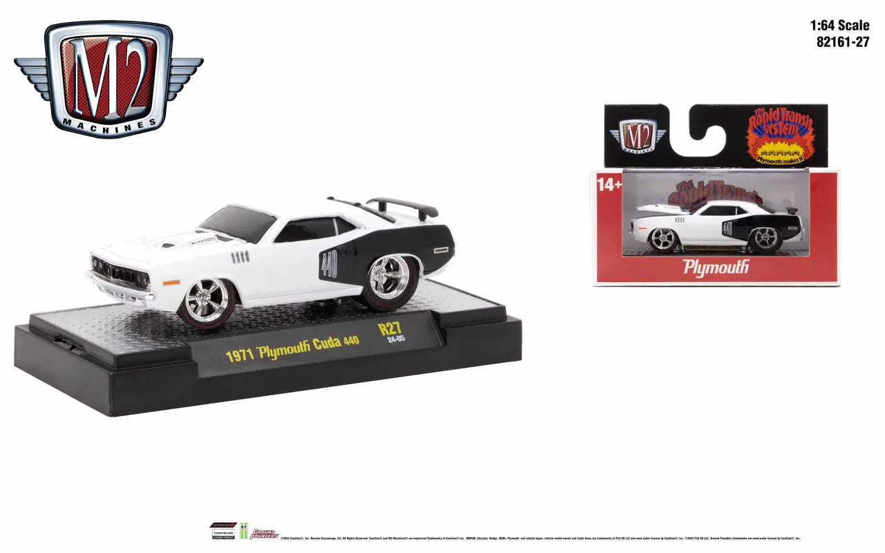 White and black 1971 Plymouth Cuda die-cast model car from Ground Pounder R27 collection