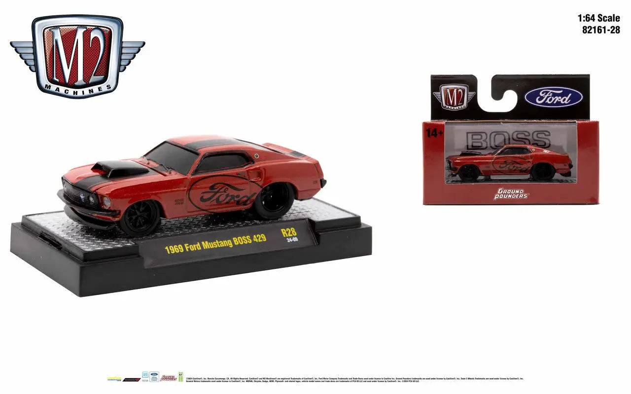 Red 1969 Ford Mustang BOSS 429 die-cast model in M2 Machines Ground Pounder packaging