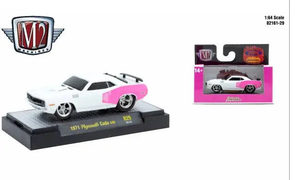 White and pink 1971 Plymouth Cuda diecast car from M2 Machines Ground Pounder series