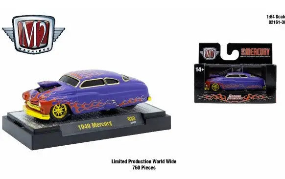 Purple and red 1949 Mercury toy car from M2 Machines Ground Pounder series