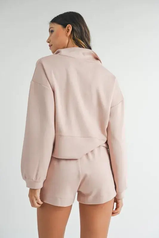 Blush pink half zip sweatshirt and shorts set from Mable Apparel, perfect loungewear