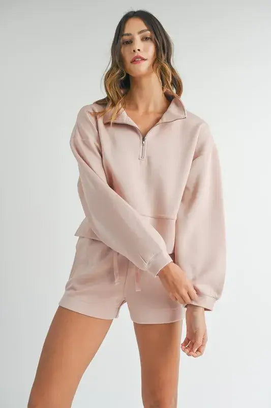 Women’s dusty rose half zip sweatshirt and matching shorts set from Mable Apparel