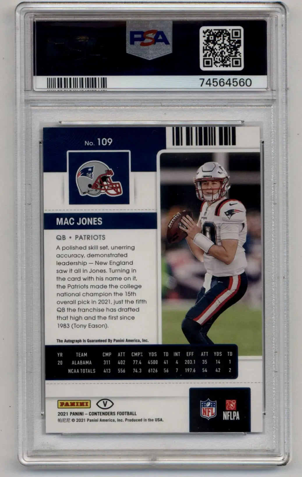 PSA-graded Mac Jones 2021 Contenders Variation Auto NFL trading card in uniform