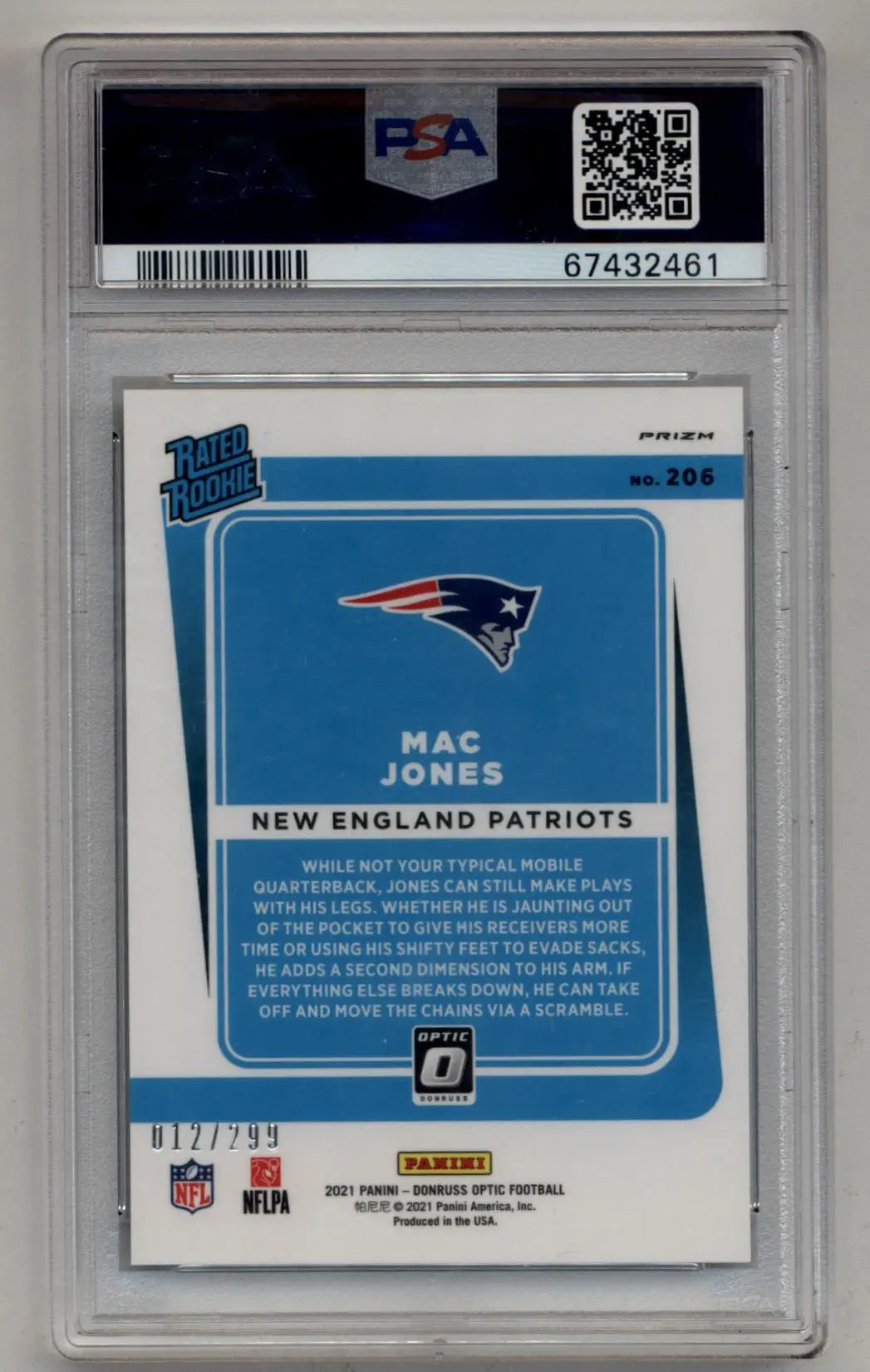 PSA-graded Mac Jones 2021 Donruss Optic Aqua football card back with team logo