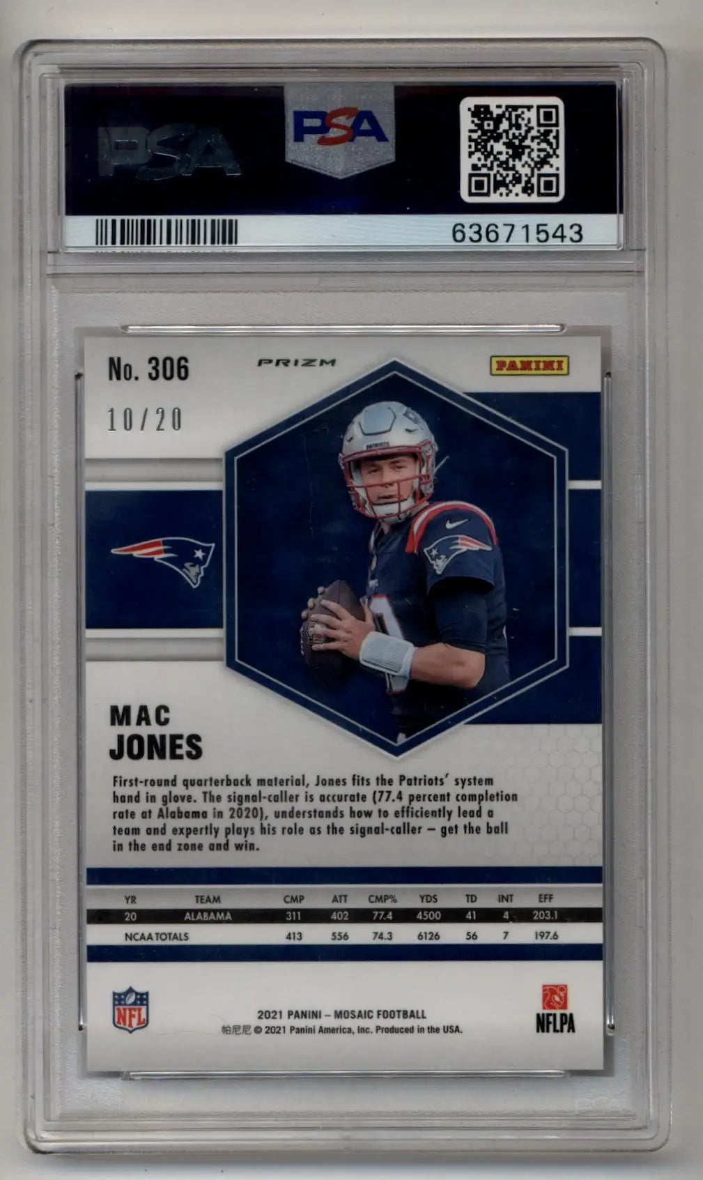 Mac Jones 2021 Mosaic No Huddle Pink #306 10/20 PSA 10 Gem Mint - Singles