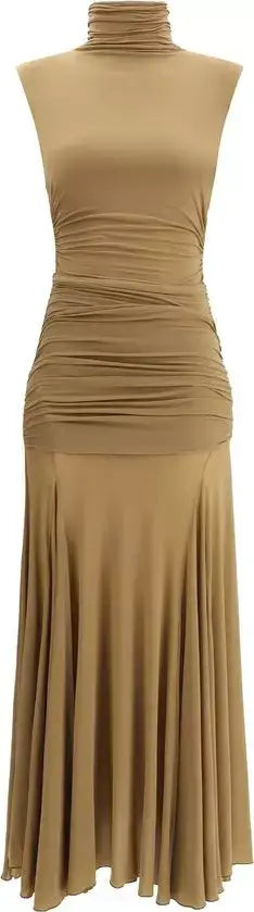 Magda Butrym long draped dress with sleeveless turtleneck and pleated skirt