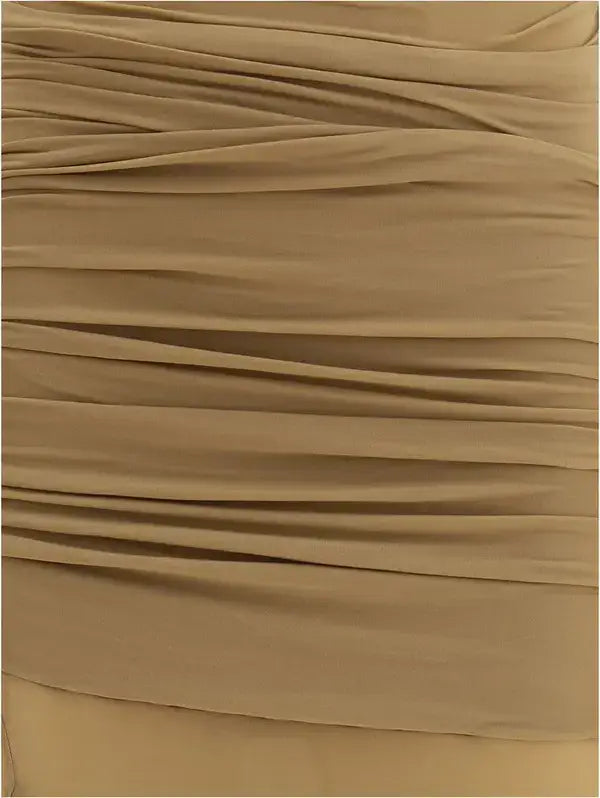 Magda Butrym long draped tan ruched dress for luxury women’s fashion