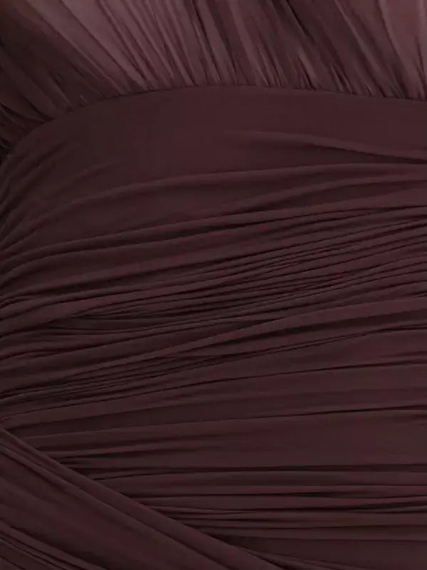 Deep reddish-brown Magda Butrym sheer draped mini dress with horizontal pleats