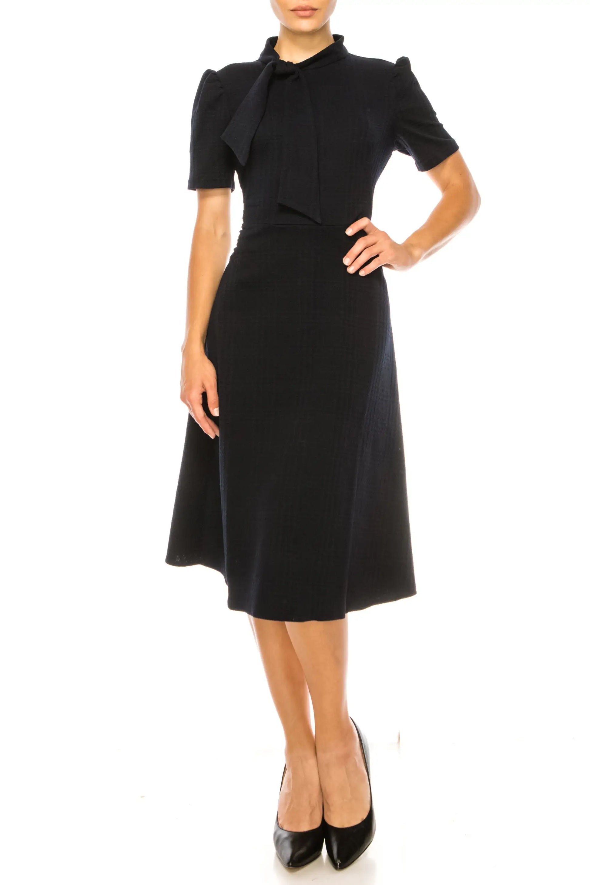 Maggy London black midi dress with short sleeves and pussy-bow neckline