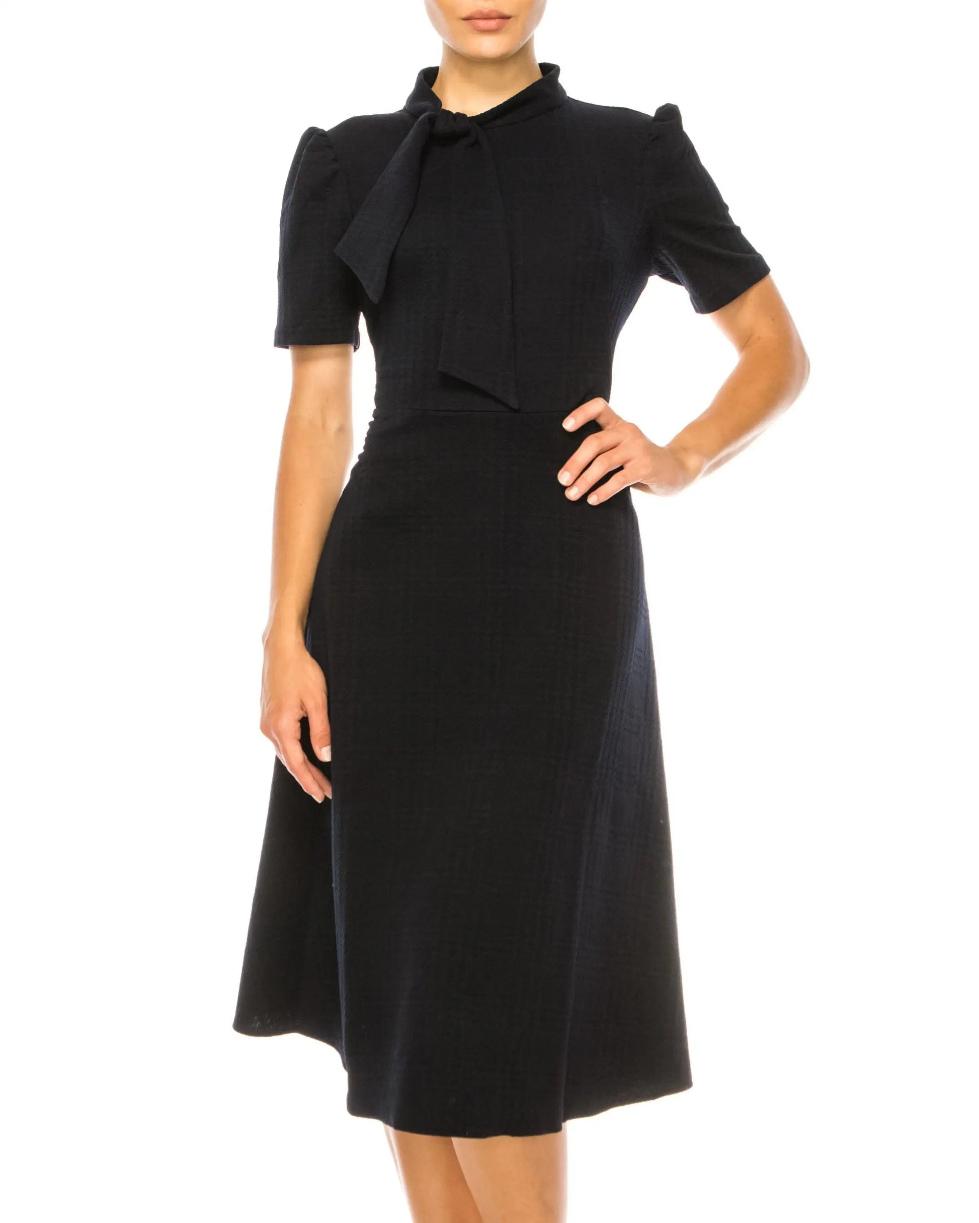 Maggy London black midi dress with puff sleeves and necktie detail for elegant style