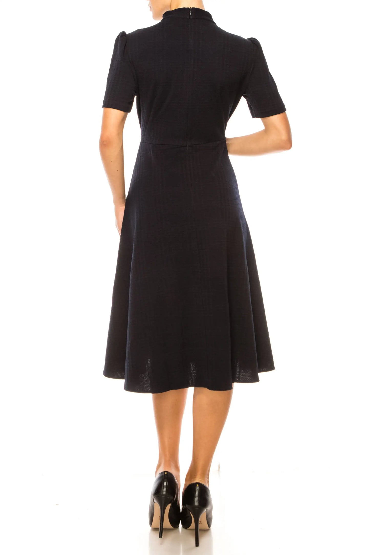 Maggy London black short-sleeved midi dress with mock neck and flared skirt