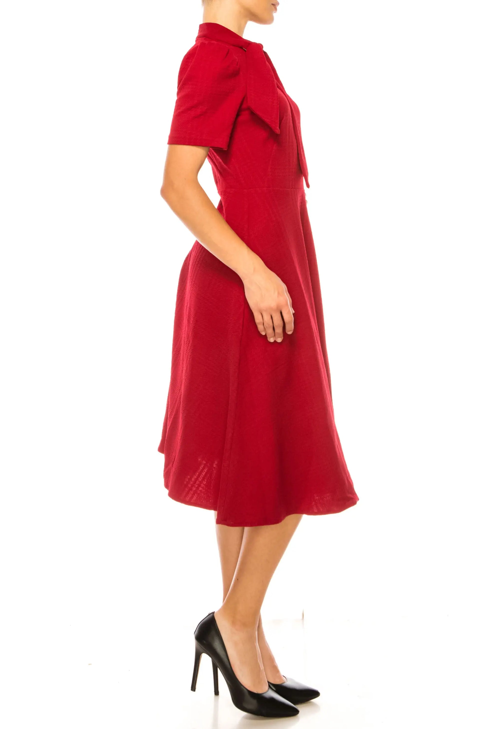 Maggy London red short-sleeve midi dress with pussy-bow neckline for elegant style