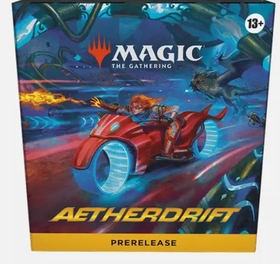 Magic Aetherdrift Pre Release Box with red hoverbike racing through space artwork