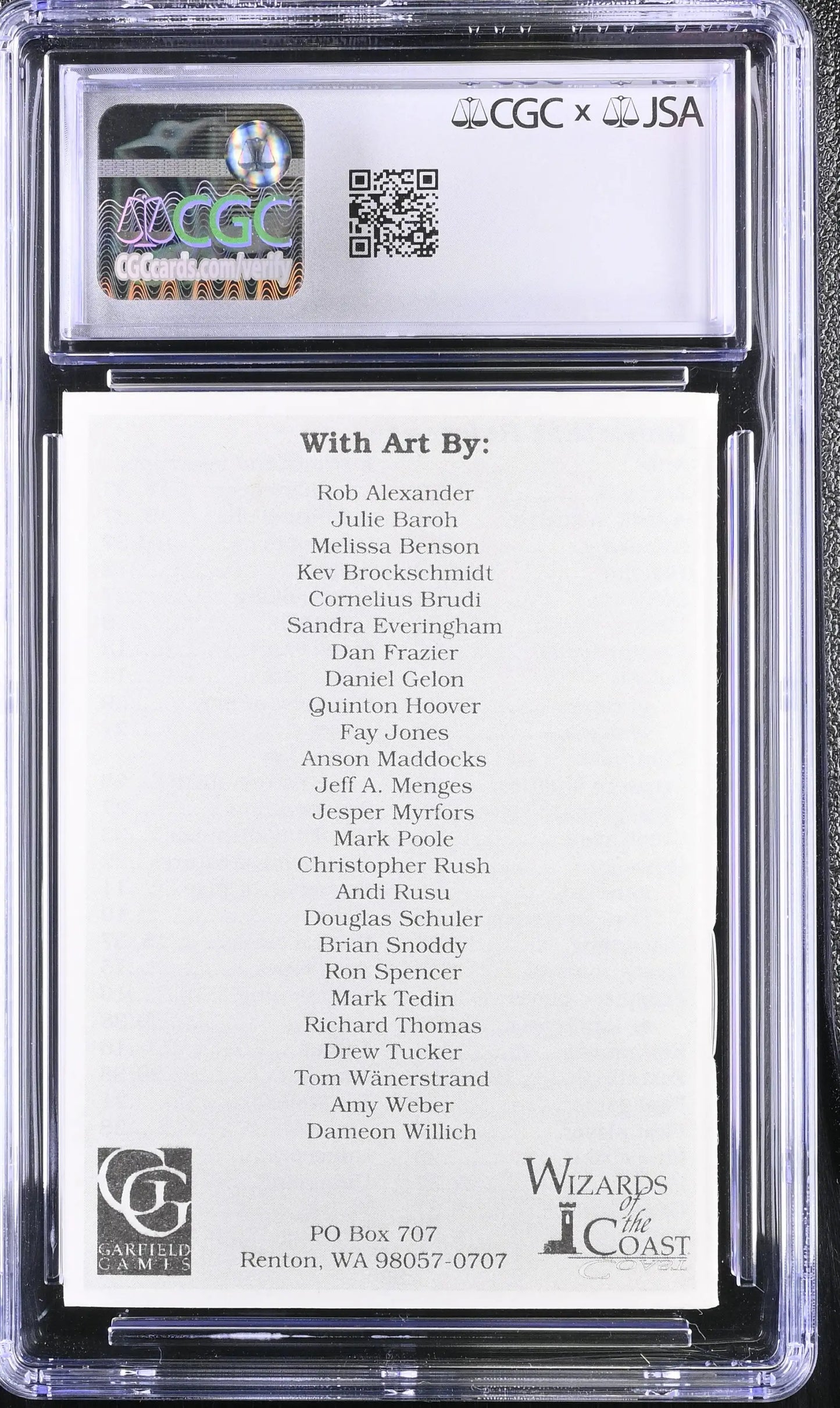 Graded collectible card in clear slab from Magic MTG Beta Unlimited with Richard Garfield autograph