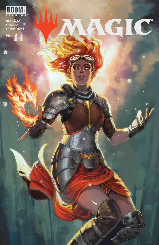 Comic book cover of a fiery-haired warrior in armor for trading cards fans