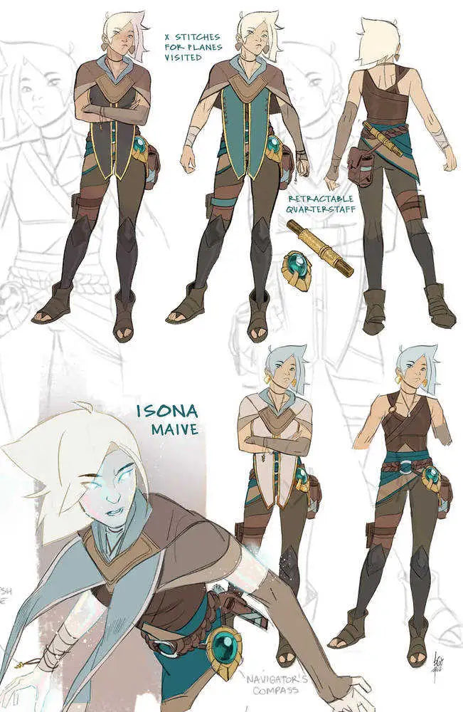 Character design sheet of Isona Maive, a female elf warrior for Magic The Gathering trading cards