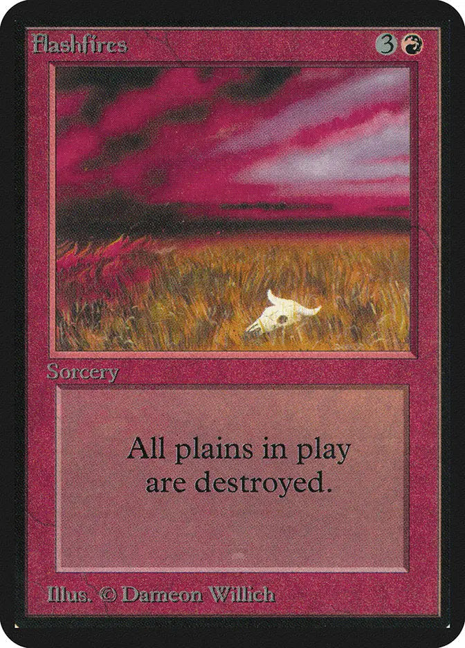 Magic: The Gathering Alpha Edition Flashfires card with a fiery red landscape effect