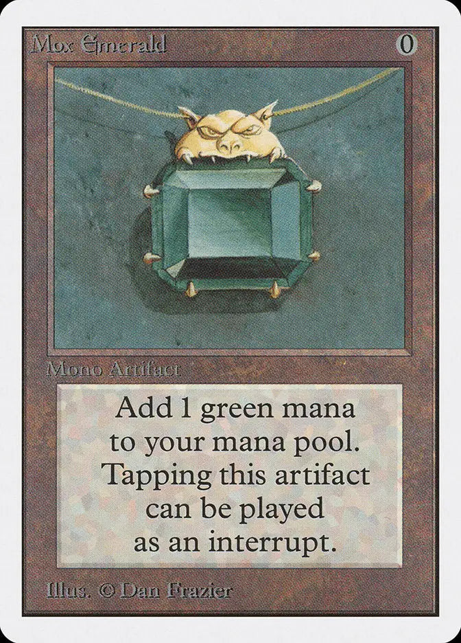 Green gemstone in gold frame atop Mox Emerald Unlimited Edition trading card